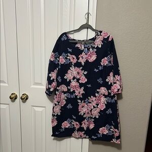 Floral Navy Dress with Pink Accents 2X- A LINE FIT